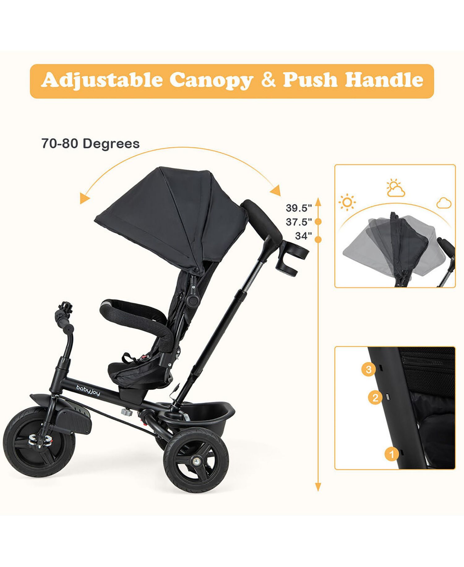 4-in-1 Baby Tricycle Toddler Trike with Reversible Seat Canopy and Push Handle