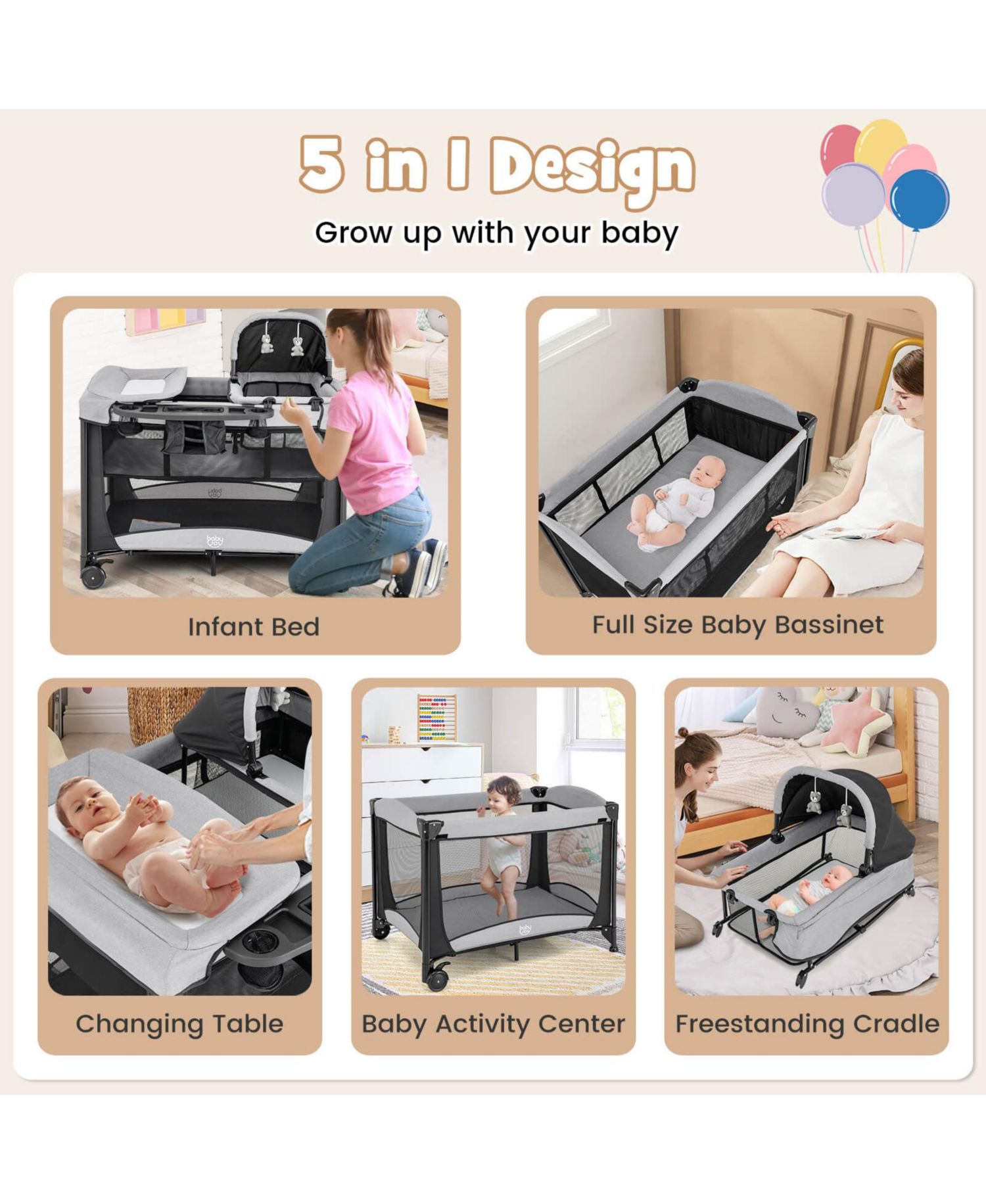 5 in 1 Baby Playard Nursery Center w/ Cradle Storage Basket