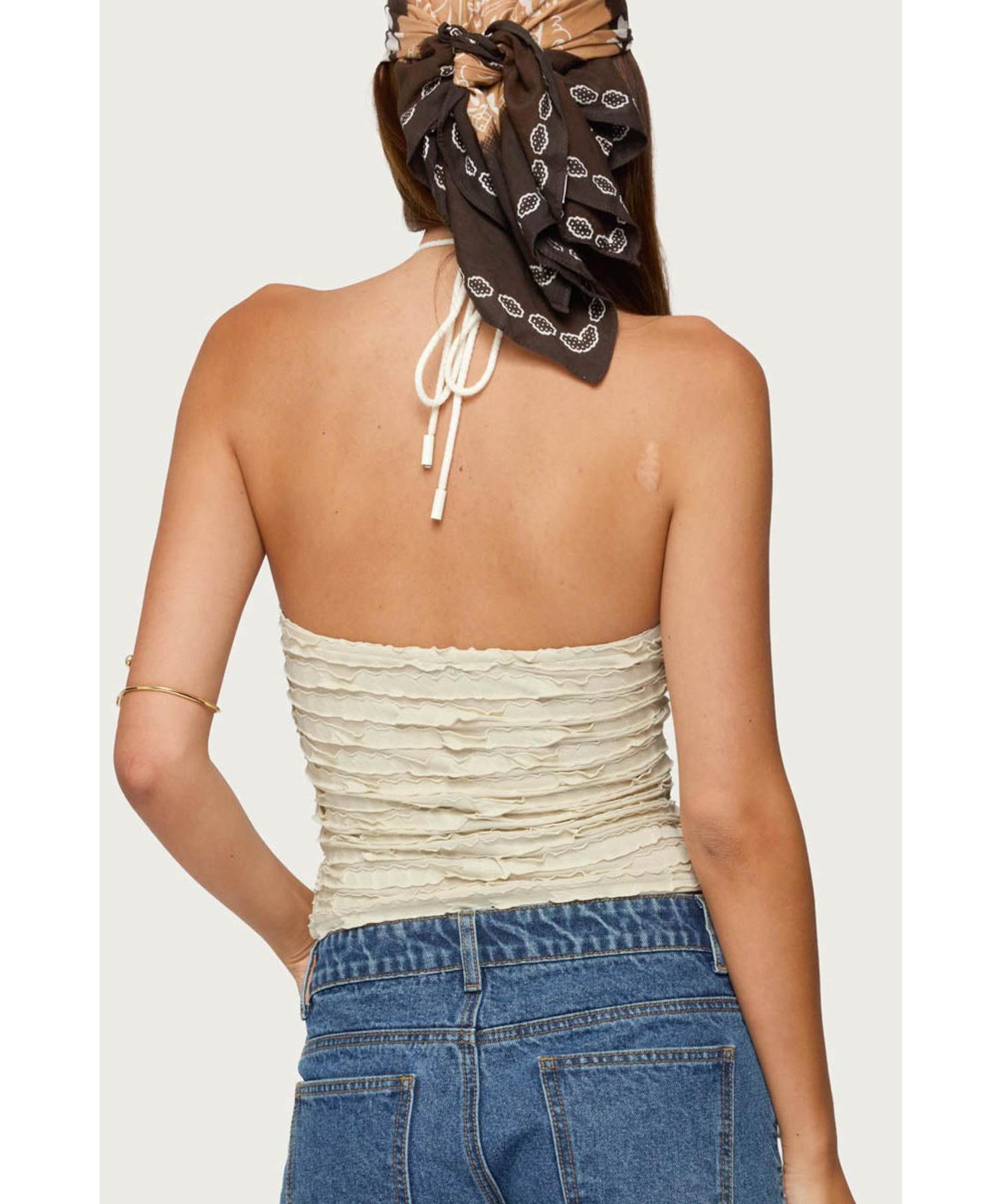 Women's Criss Cross Bead Ruffled Halter Top