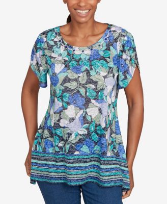 Petite Floral Striped Border Flutter Sleeve Top