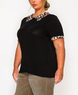 Plus Size Leopard Print Mesh Collar Keyhole Back Short Sleeve Top