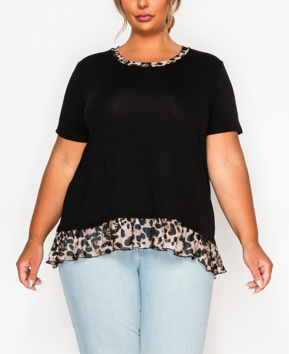 Plus Size Leopard Print Mesh Pleat Back Short Sleeve Top - Black