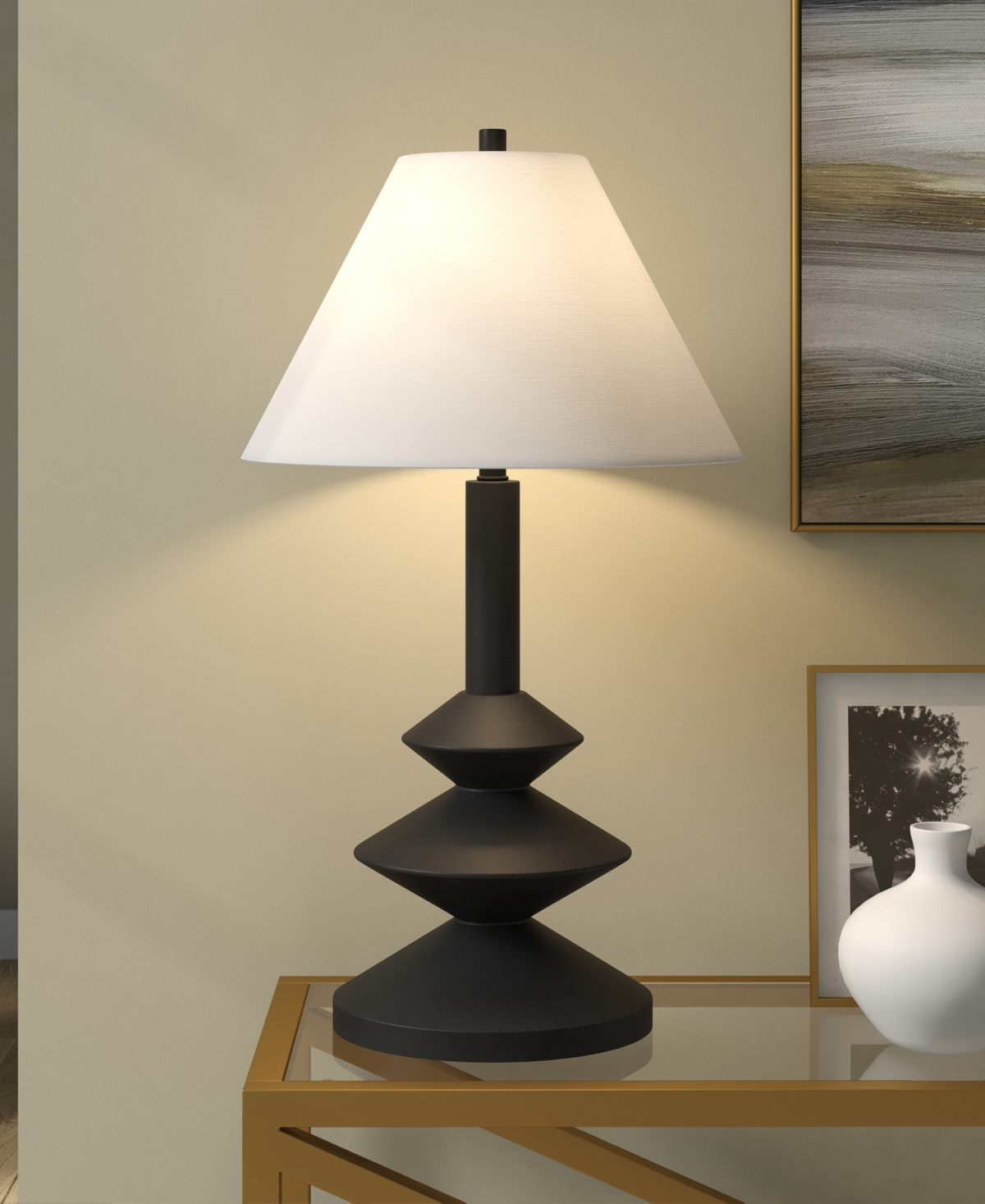 Hudson & Canal Abilene 28" Resin Triple Gourd Lamp With Fabric Shade In Black