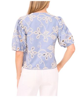 Women's Short Sleeve Open Tie Front Embroidered Top