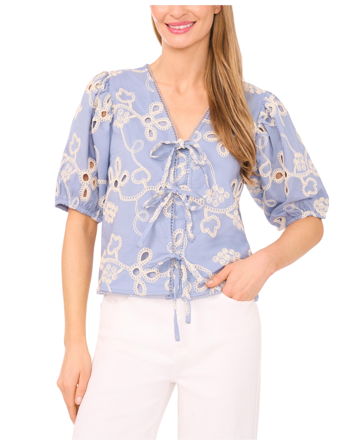 Women's Short Sleeve Open Tie Front Embroidered Top - Night Shade