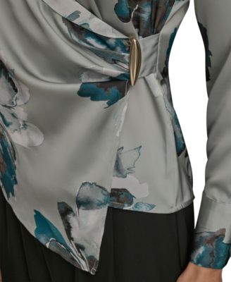 Petites Long-Sleeve Printed Shawl-Collar Blouse