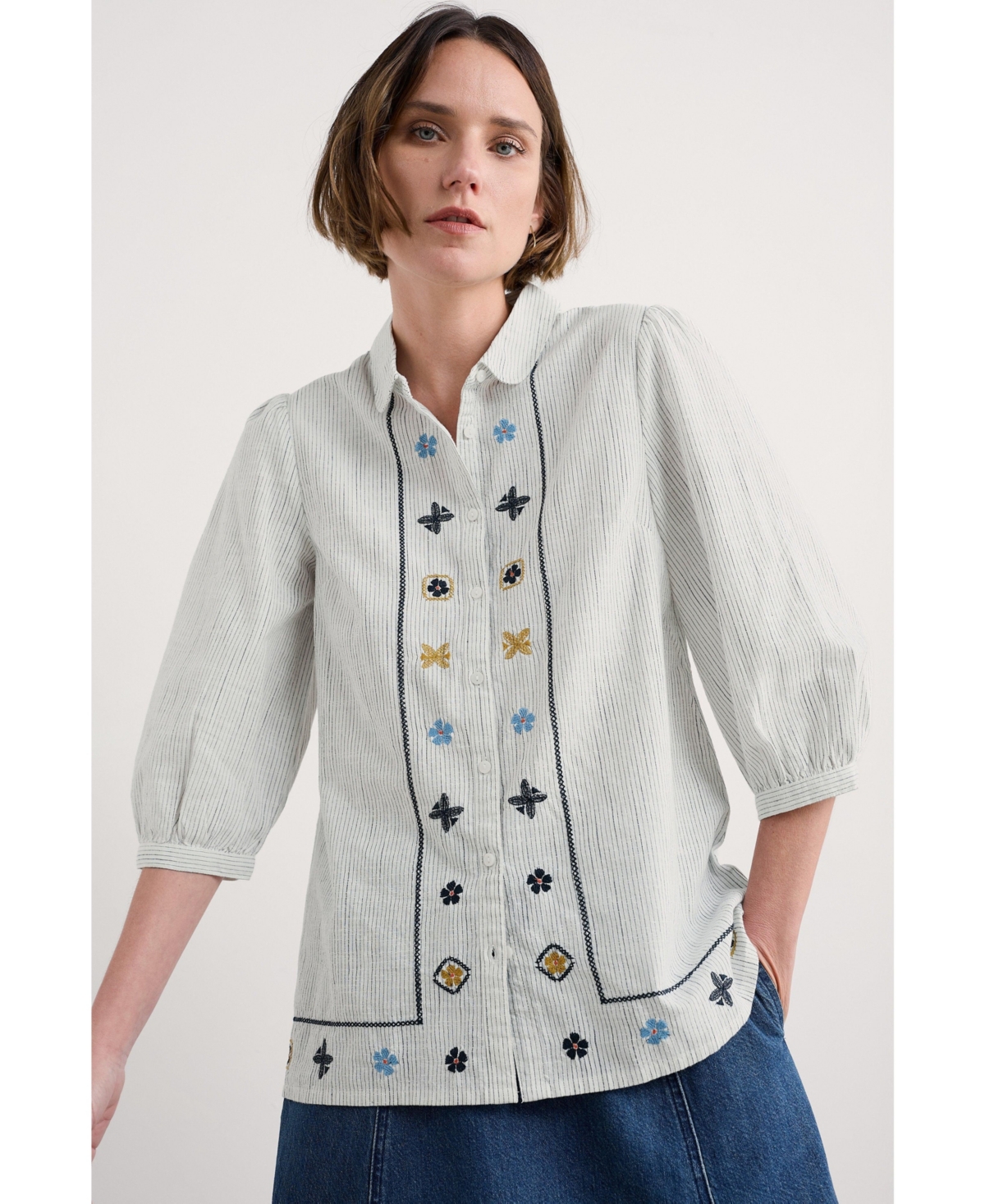 Women's Hope Cottage Embroidered Blouse - Simplicity stripe chalk maritime