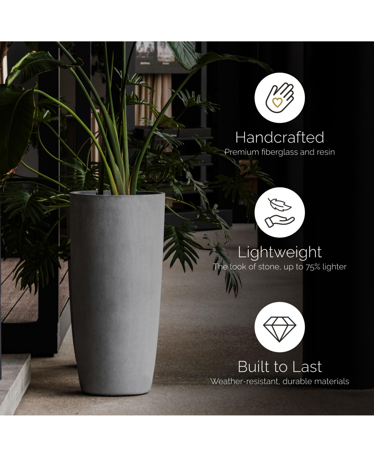 Cosapots Lofto Tall Planter – Stone Finish Fiberglass Indoor/Outdoor and Weather-Resistant Large D x H