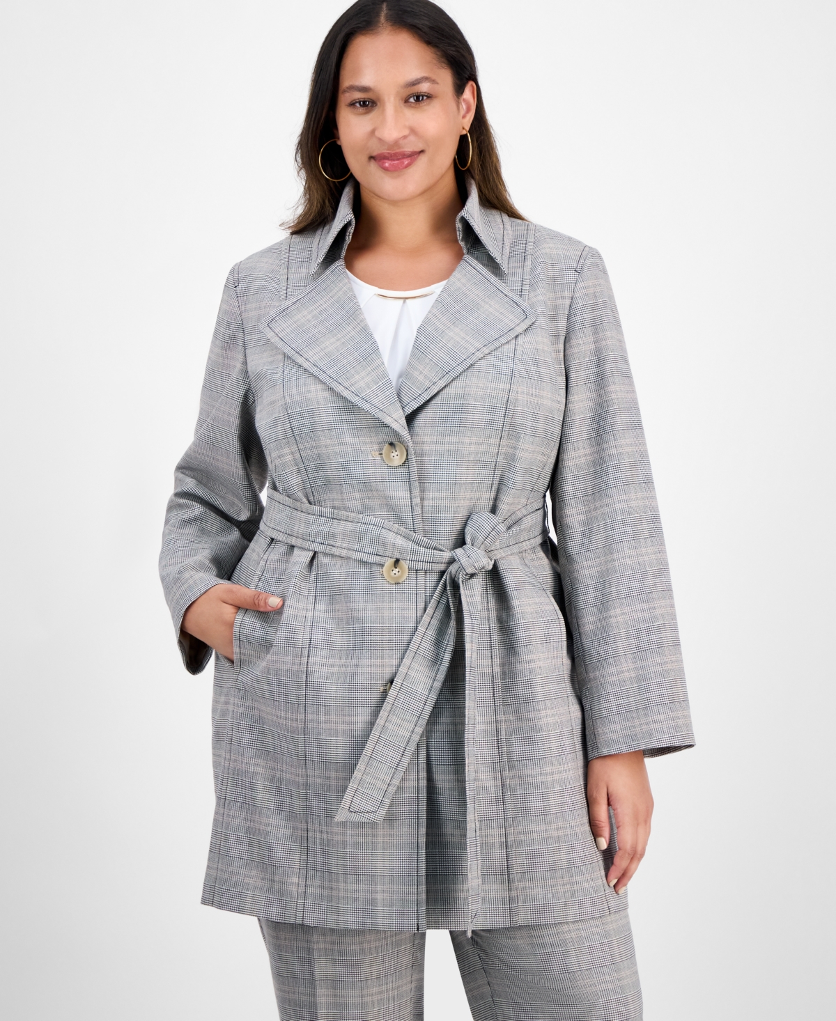Kasper Plus Size Plaid Jacket In Gray