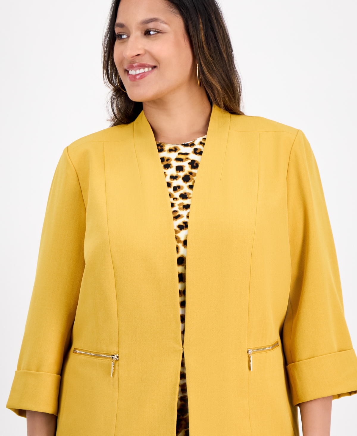 Kasper Plus Size Cuffed Kiss-front Blazer In Yellow