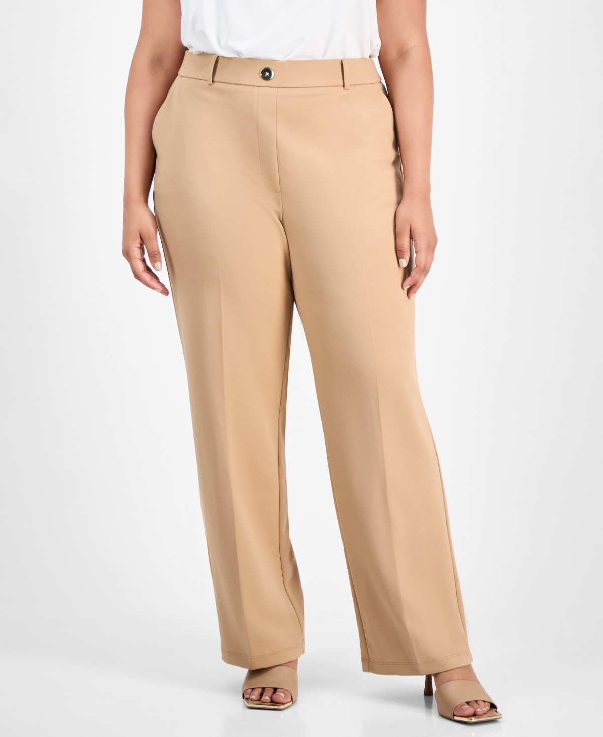 Kasper Plus Size Faux-fly Straight-leg Pants In Neutral
