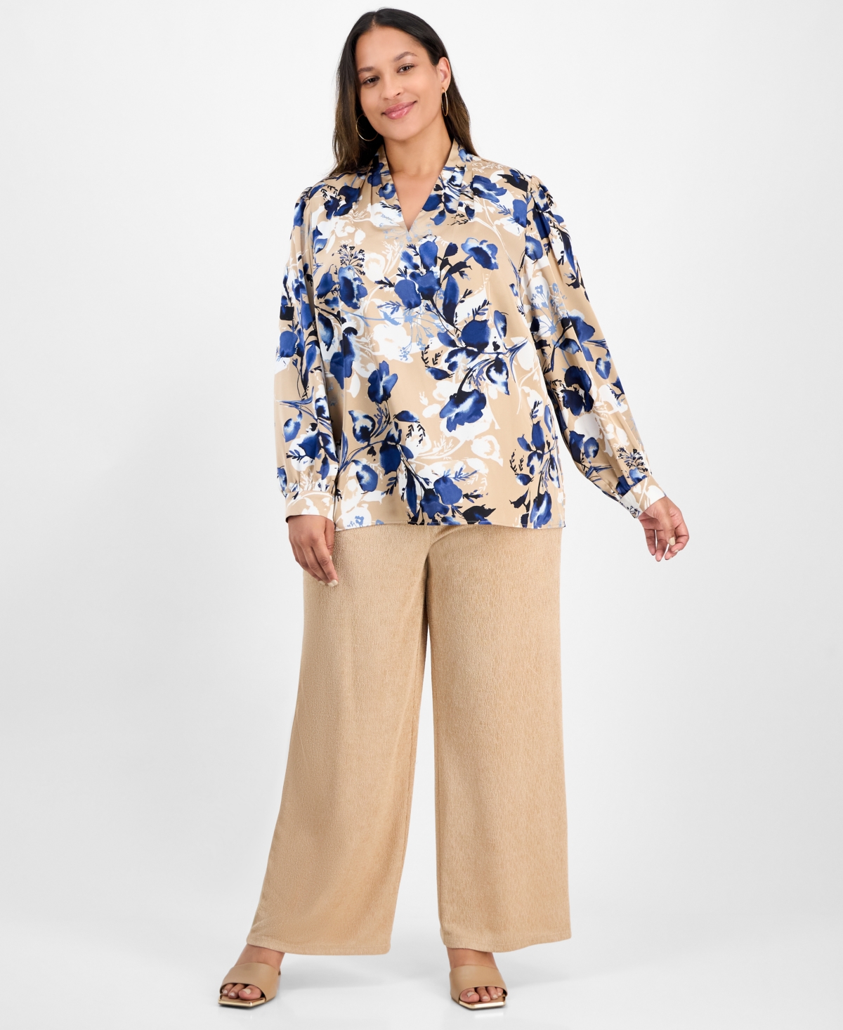 Kasper Plus Size Pleated V-neck Floral Print Blouse In Neutral