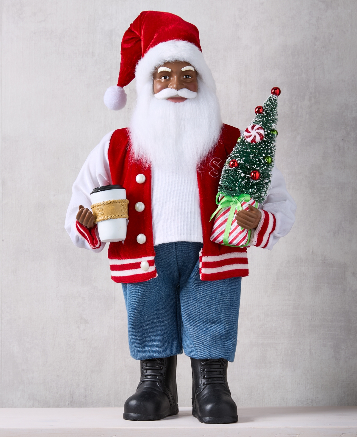 Holiday Lane Whimsy African American Varsity Jacket Santa With Coffee, Macy's Exclusive