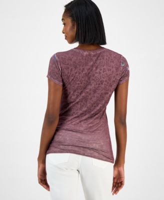Women's Peony-Print Round-Neck Burnout T-Shirt 