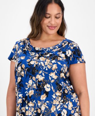 Plus Size Printed Cap-Sleeve Cowlneck Blouse