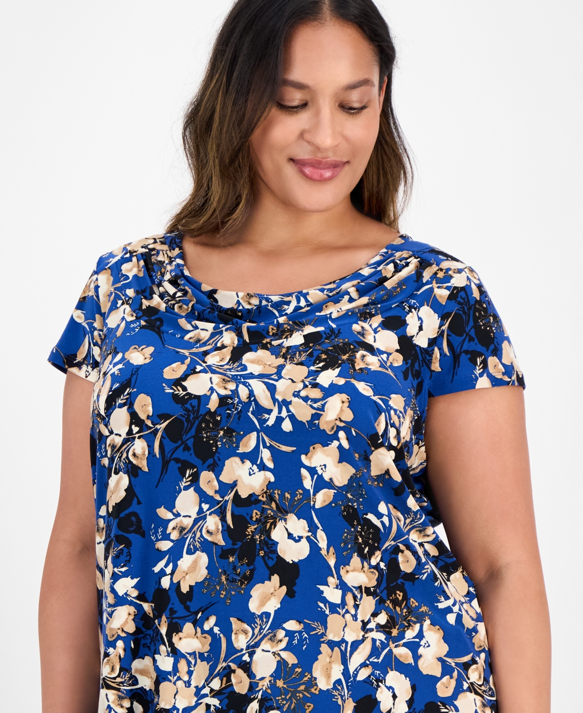 Kasper Plus Size Printed Cap-sleeve Cowlneck Blouse