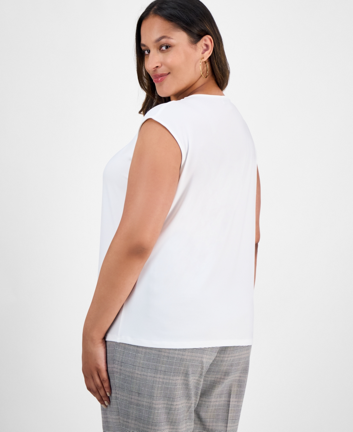 Kasper Plus Size Pleat-neck Cap-sleeve Blouse In White