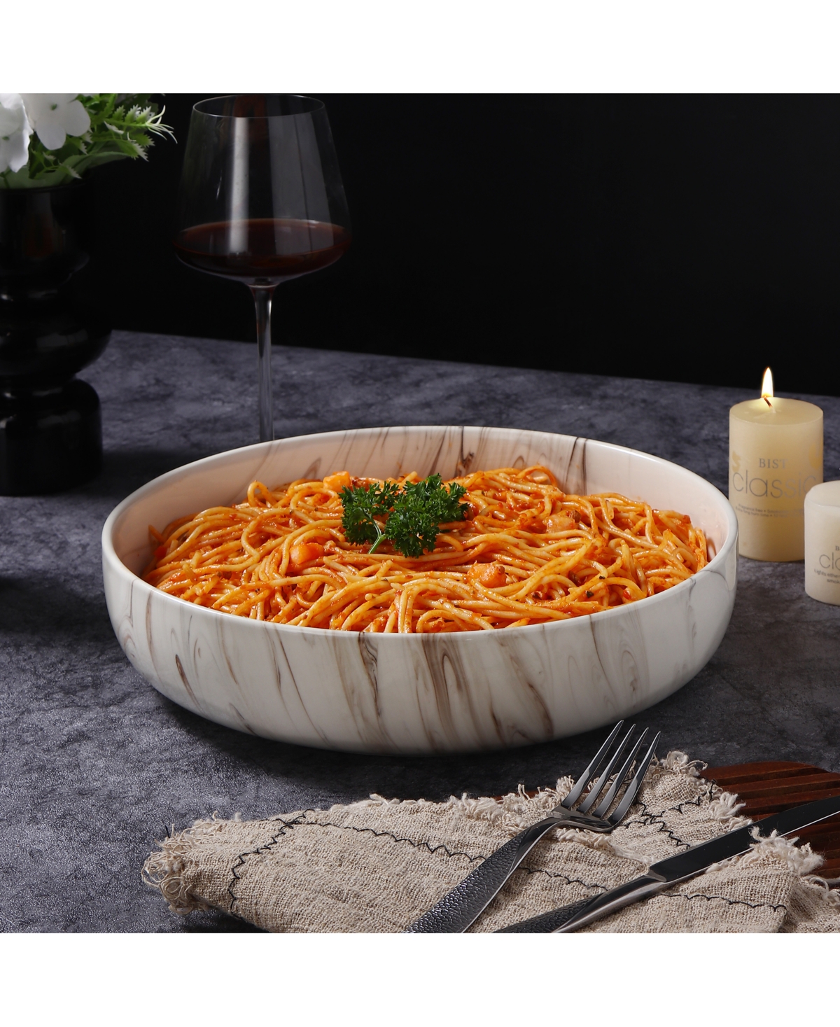 Lorren Home Trends Matte Marble Pattern Serving Bowl, 96-oz. In Sand