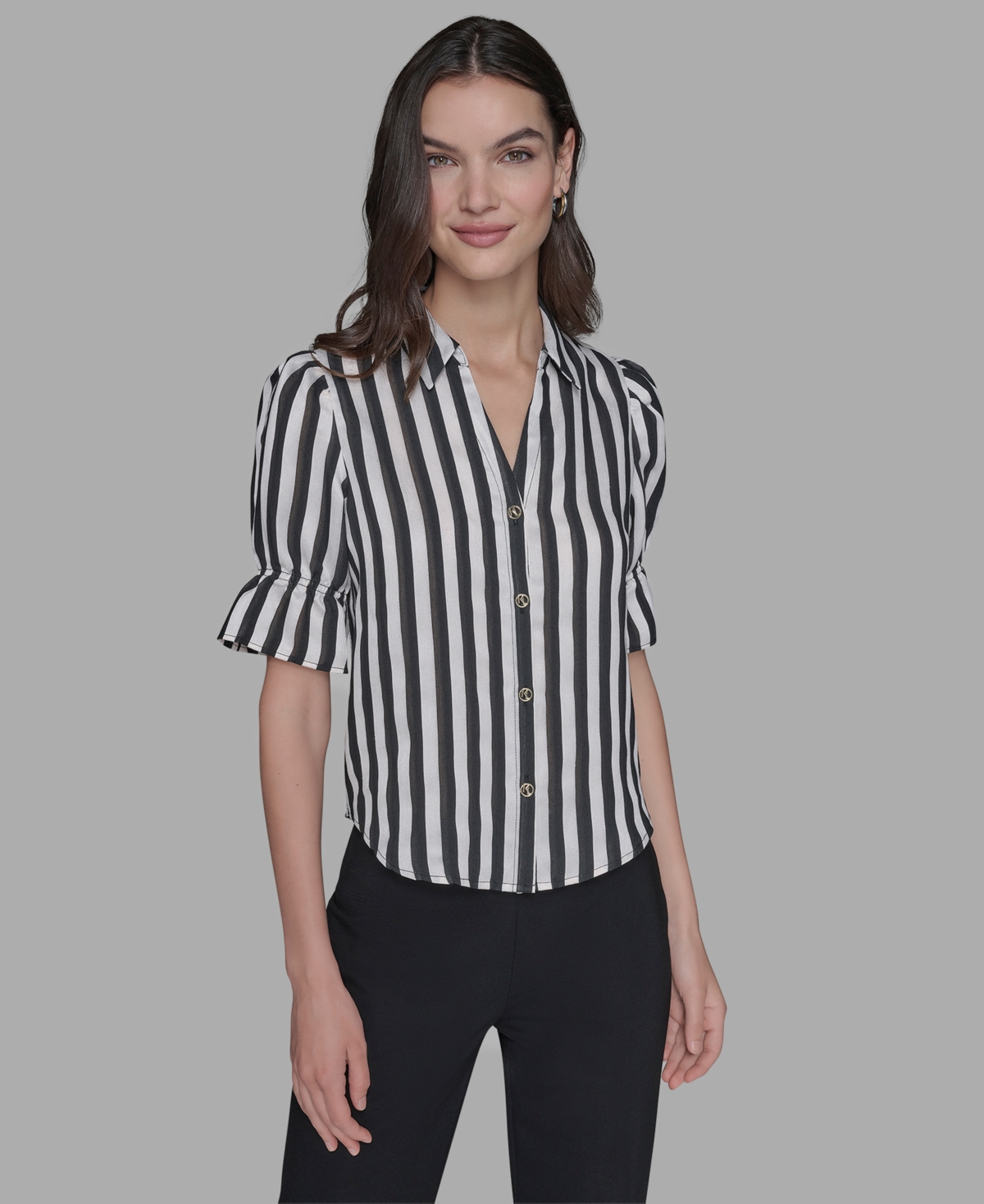 Karl Lagerfeld Paris Petite Striped Puff-Sleeve Shirt