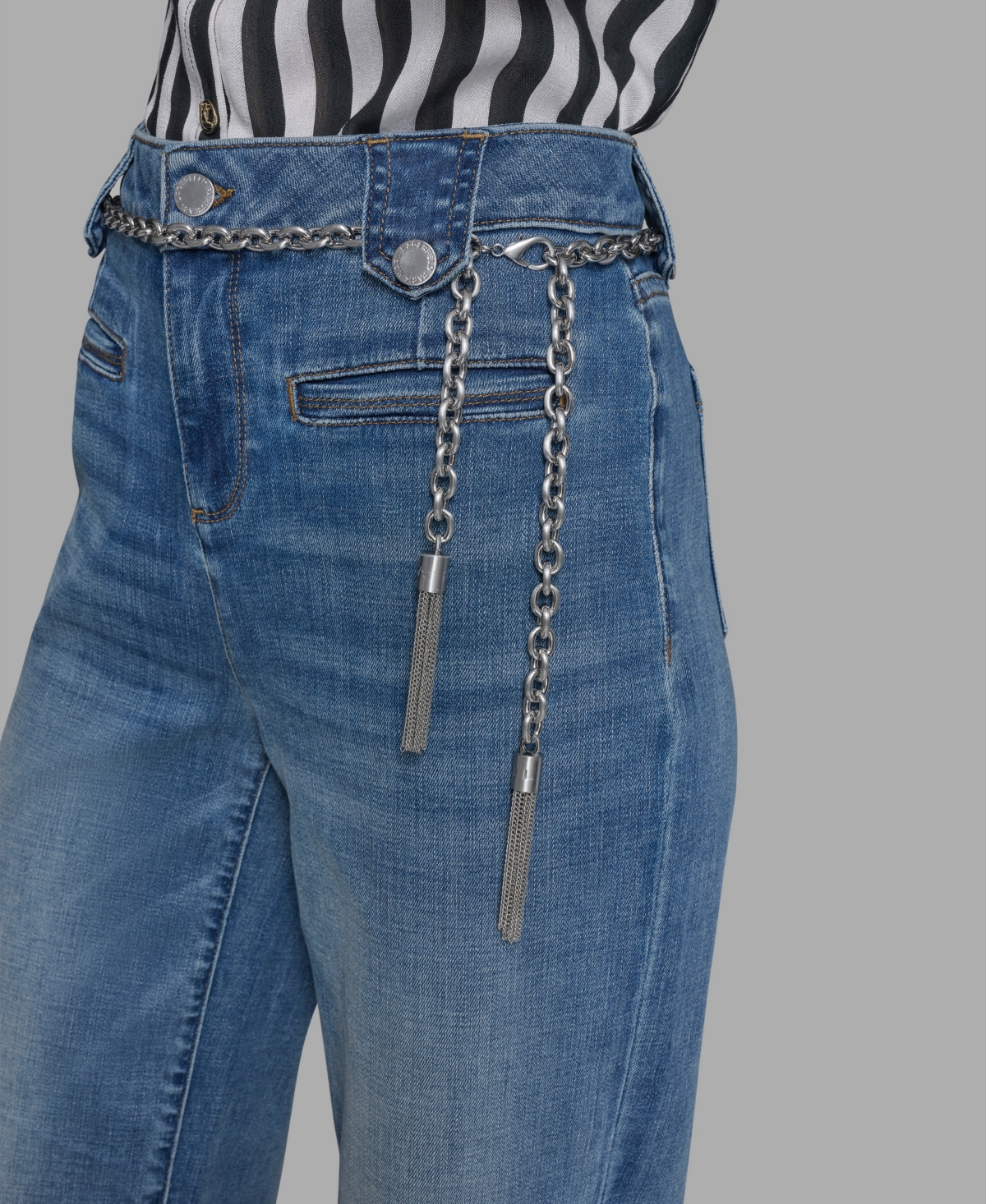 Karl Lagerfeld Petite Chain Belt High Rise Wide Leg Jeans In Blue