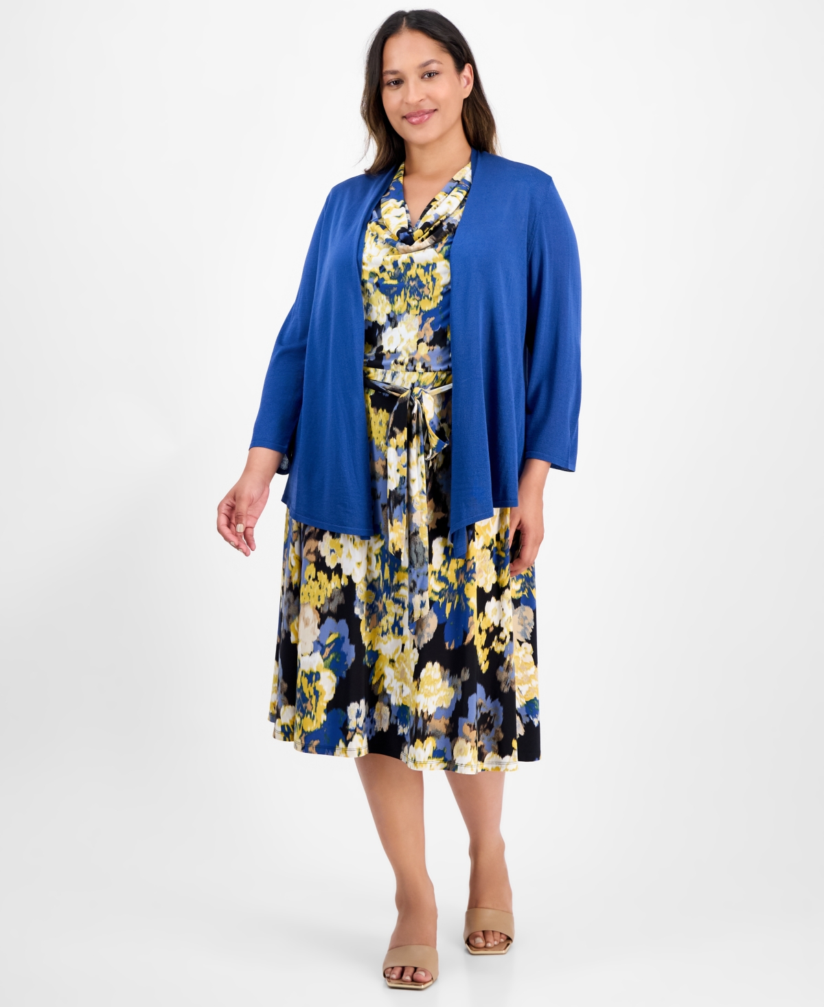 Kasper Plus Size 3/4-sleeve Open-front Cardigan In Blue