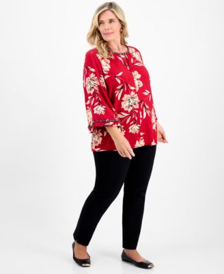 Plus Size Beaded-Trim Floral 3/4-Sleeve Top, Macy's Exclusive