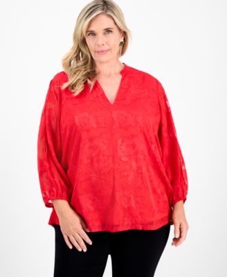 JM Collection - Plus Size Jacquard Blouson-Sleeve Blouse