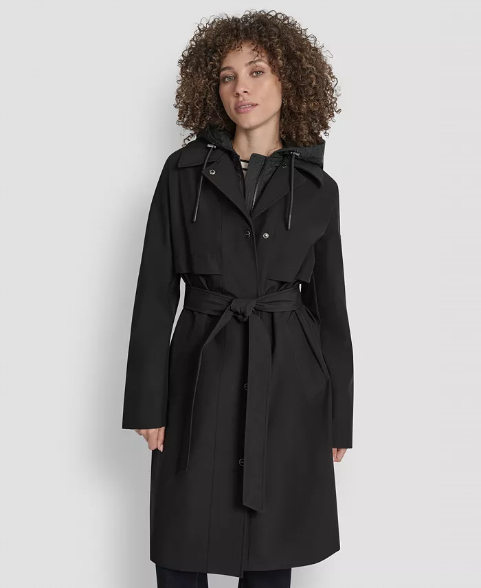Women's Hooded Bibbed Belted Trench Coat - thumbnail 9