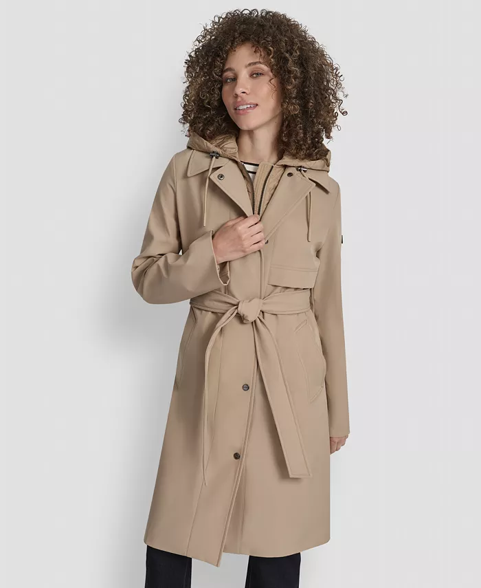 Women's Hooded Bibbed Belted Trench Coat - thumbnail 8