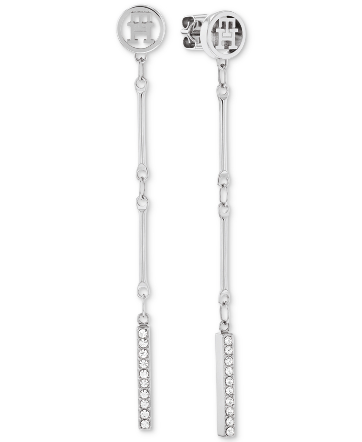Logo & Pave Bar Linear Drop Earrings - Silver