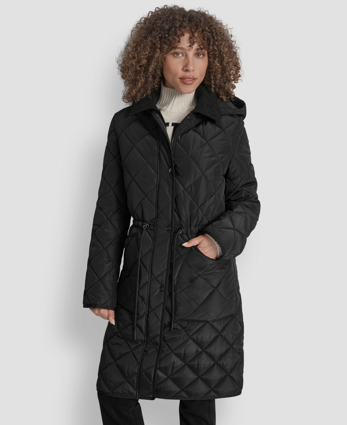 Dkny Women's Corduroy-collar Quilted Anorak Coat In Black