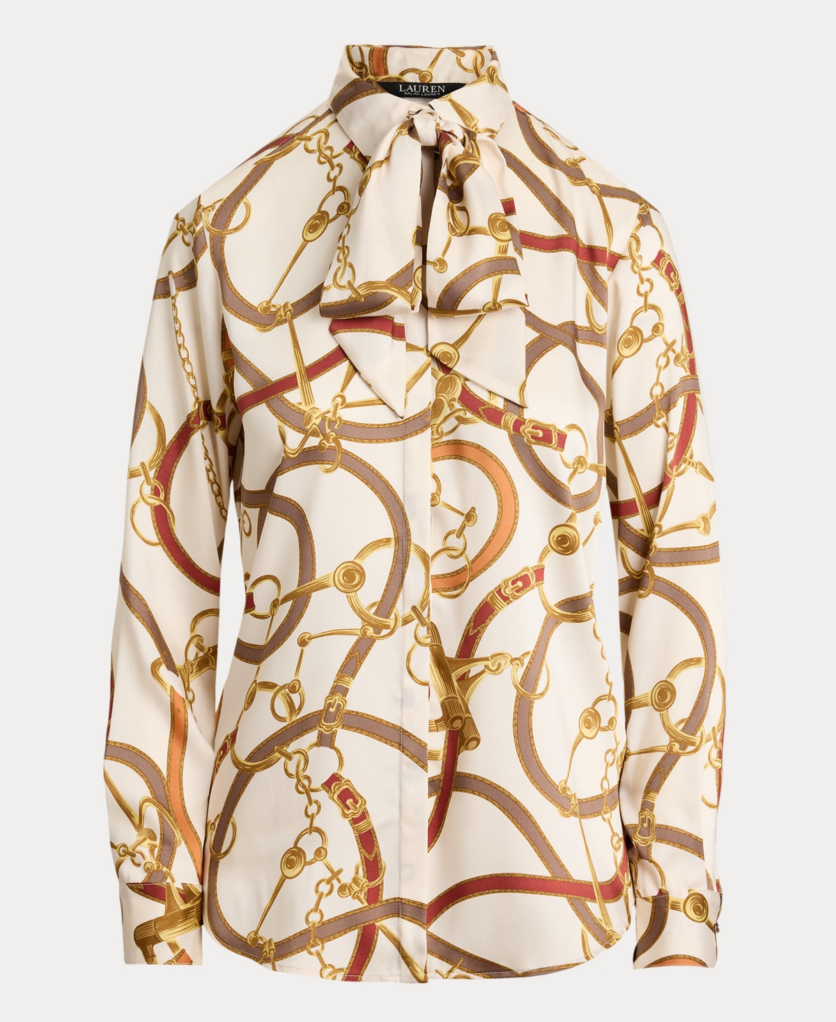 Ralph Lauren Womens Classic Fit Print Twill Tie Neck Shirt P Xs Xxl In Brown