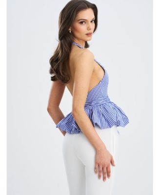 Women's Ilene Blue and White Checkered Bubble Hem Halter Top