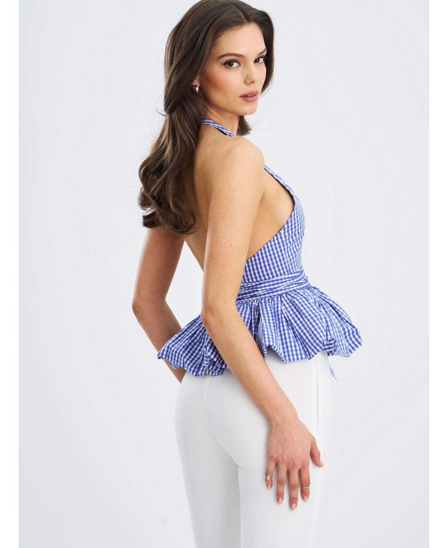Women's Ilene Blue and White Checkered Bubble Hem Halter Top