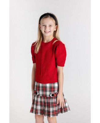 Big Girls Red Short Slv Sweater W/Puff Sleeves