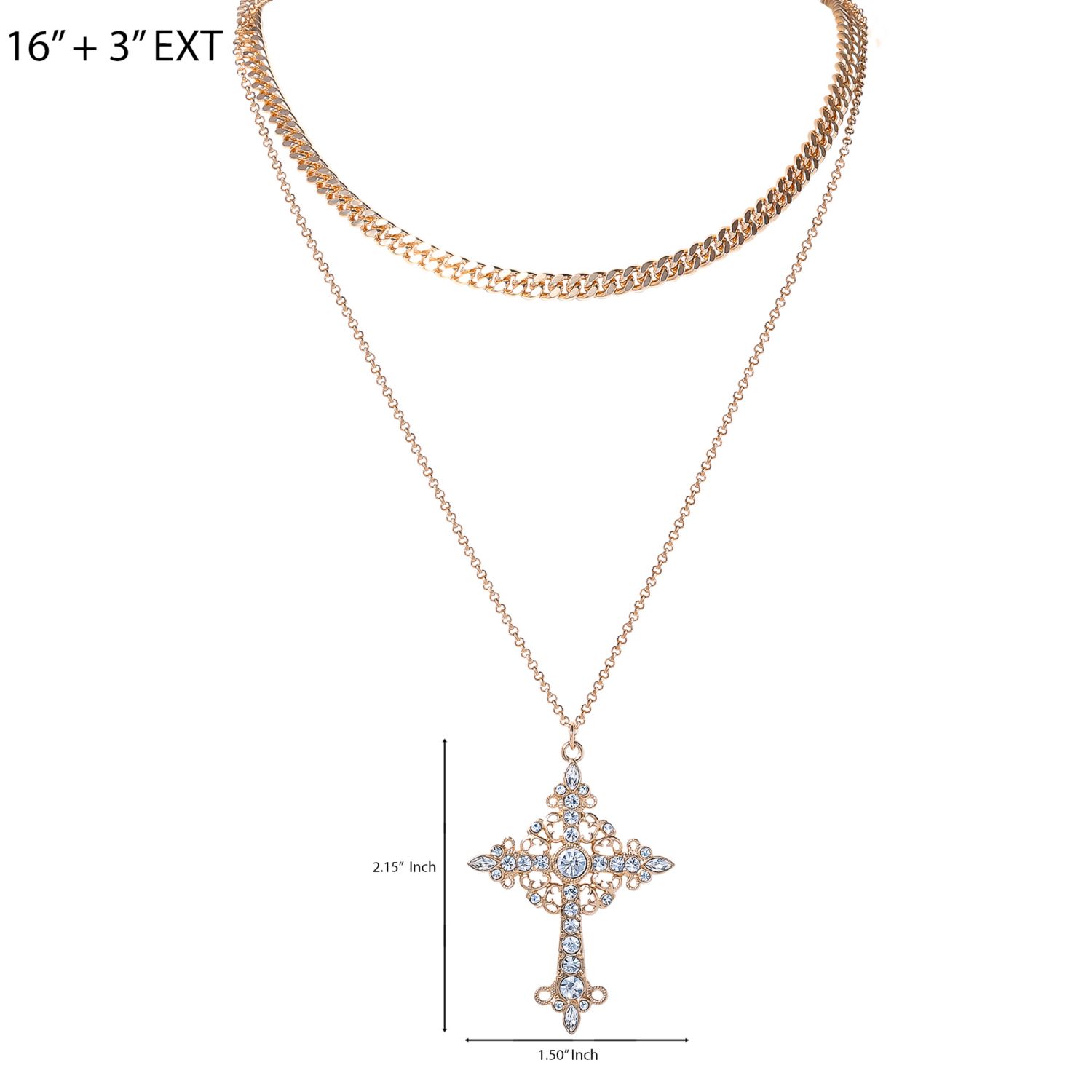 Gold-Tone Rhinestone Cross and Curb Chain Necklace Set