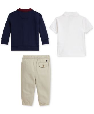 Baby Boys Fleece Cardigan, Mesh Polo Shirt & Chino Pant Set