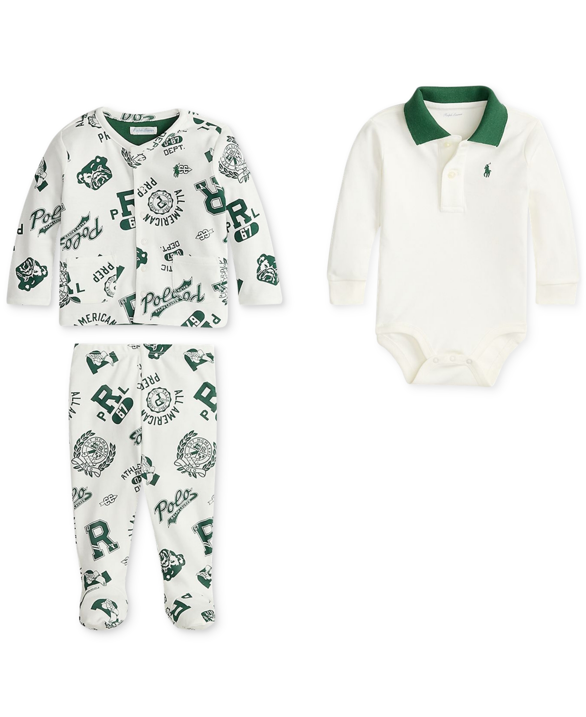 Polo Ralph Lauren Baby Boys Reversible Jacket, Polo Bodysuit & Footed Pant Set In Green
