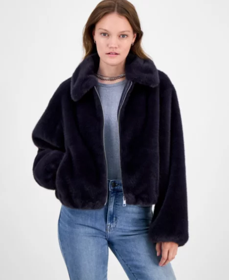 Women's Collared Faux-Fur Bomber Coat - Dk Grey