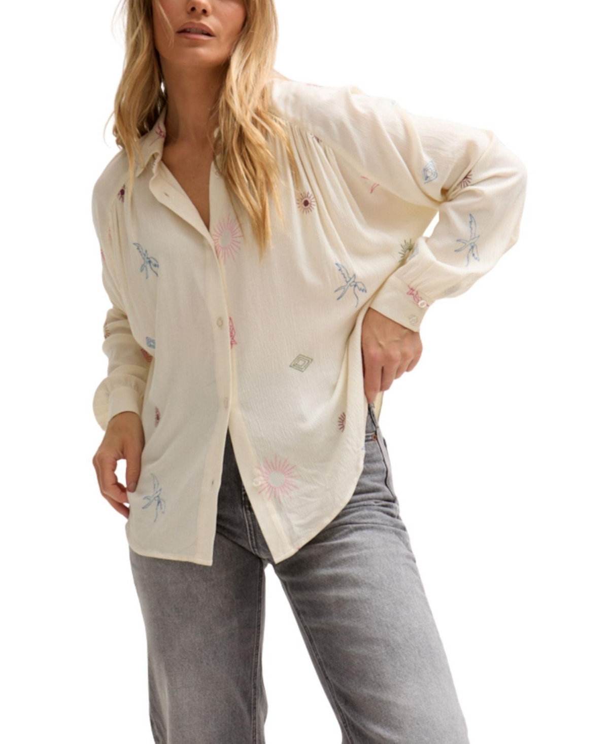Women's Swallow Crinkle Embroidered Shirt - Natural