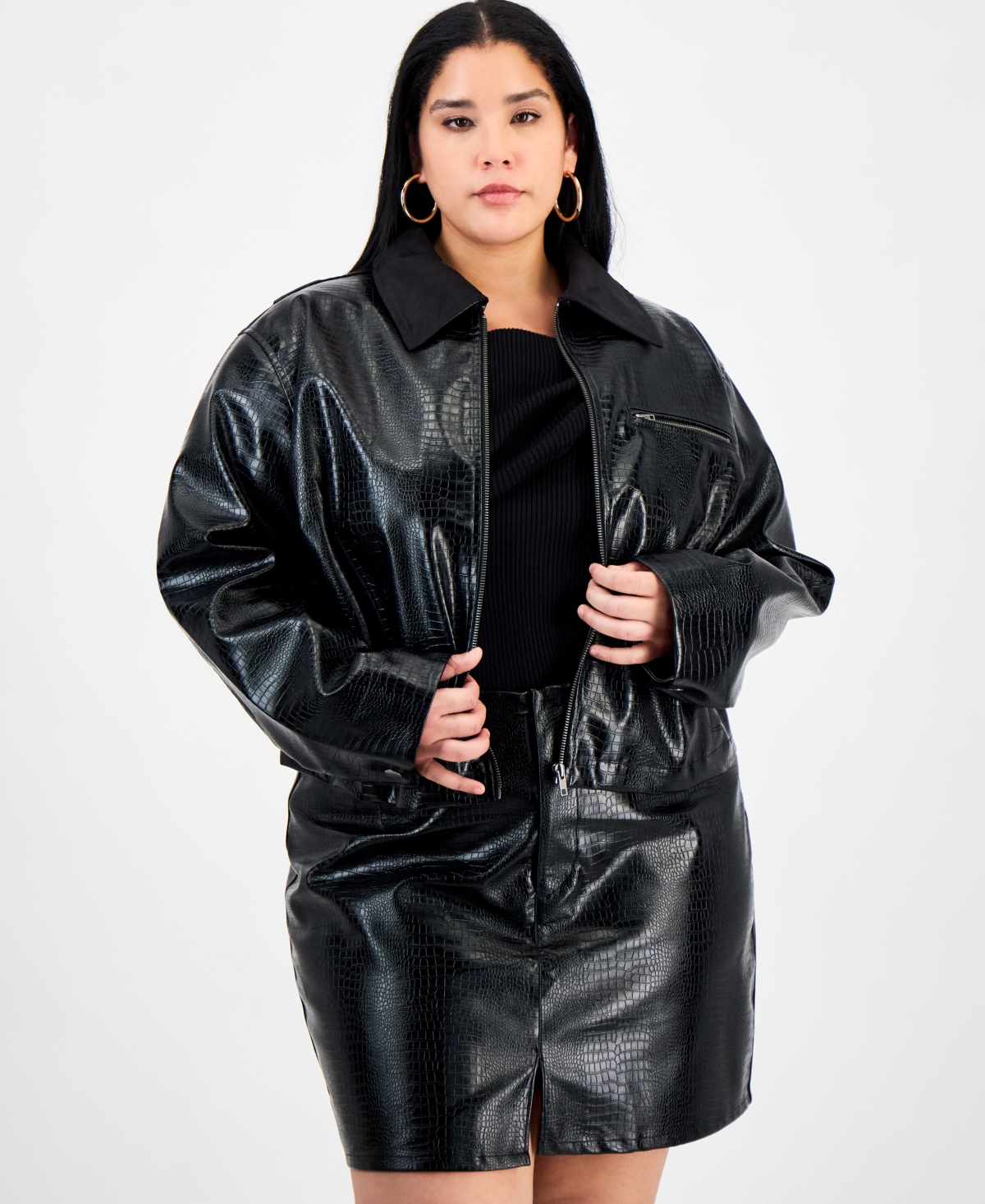 Bar Iii Trendy Plus Size Emboss Faux-leather Jacket, Macy's Exclusive In Black