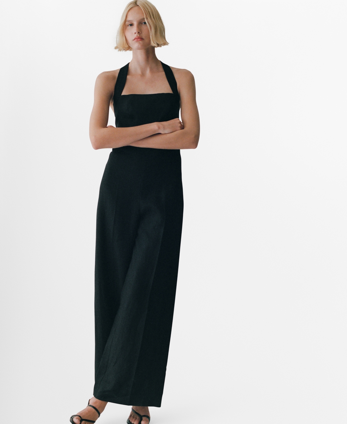 Women's Linen Halter Jumpsuit - Black