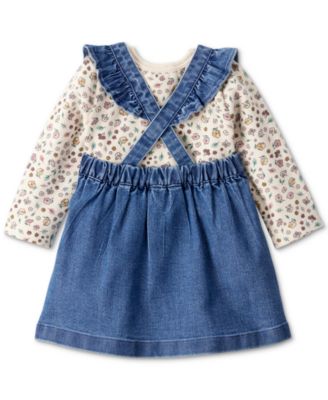 Baby Girls Floral-Print Top, Denim Jumper & Footed Tights, 3 Piece Set 