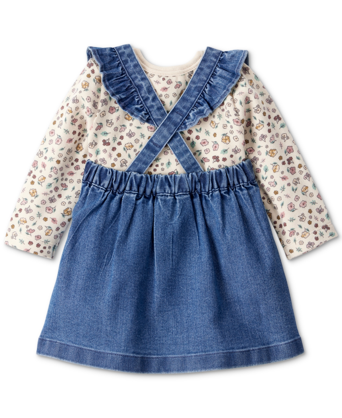 Carter's Baby Girls Floral-print Top, Denim Jumper & Footed Tights, 3 Piece Set In Blue