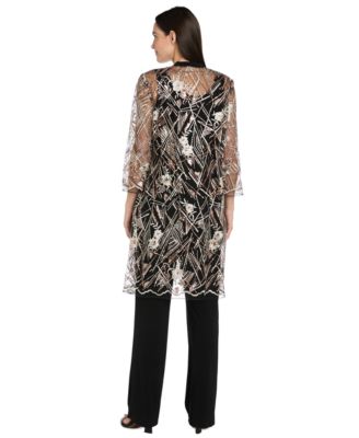 Women's Embellished Sheer Long Jacket, Sleeveless Top and Pants Set