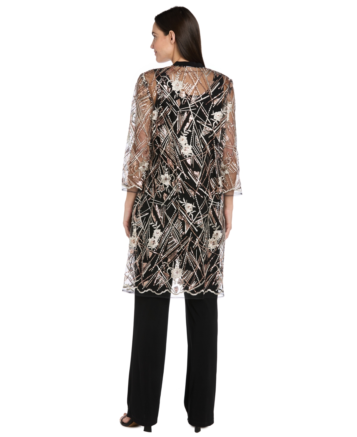 R & M Richards Women's Embellished Sheer Long Jacket, Sleeveless Top And Pants Set In Multi