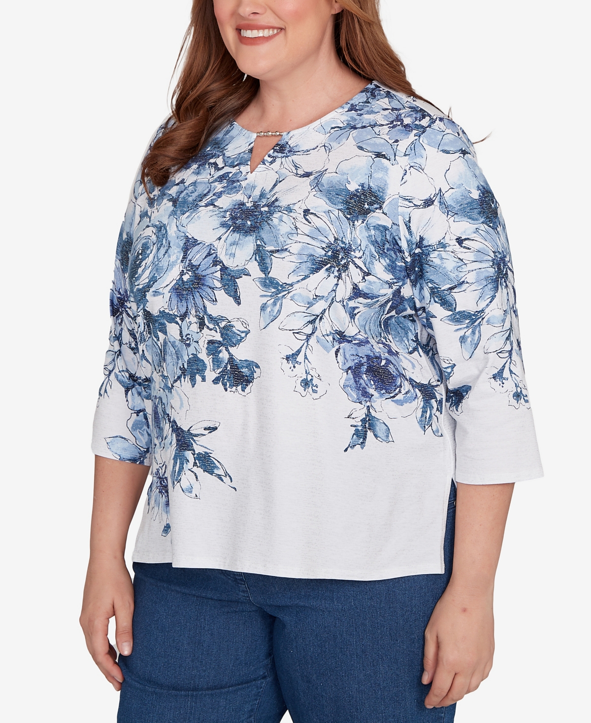 Alfred Dunner Plus Size Floral Split Beaded Keyhole Neck Top In Blue