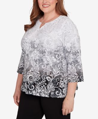 Plus Size Ombre Scroll Split Beaded Neck Top