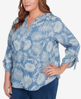 Plus Size Classic Floral Monotone Lyocell Henley Top