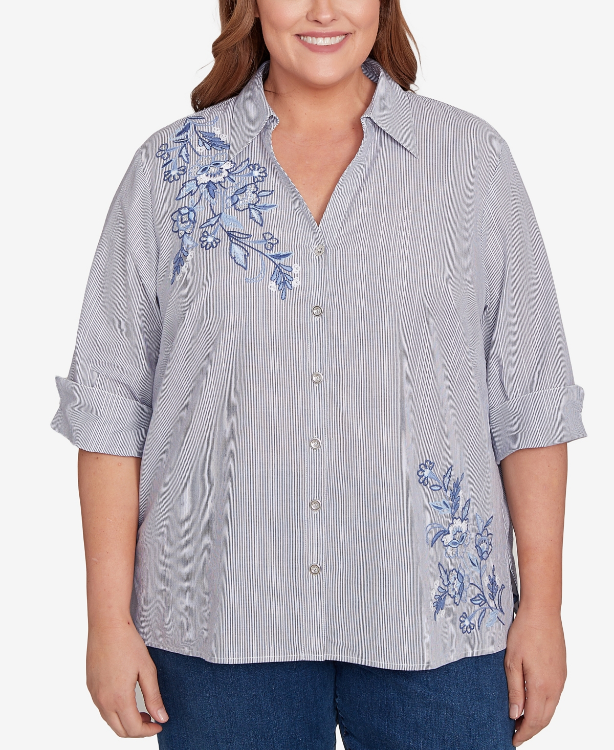 Alfred Dunner Plus Size Classic Diagonal Floral Metallic Stripe Button Front Top In Blue